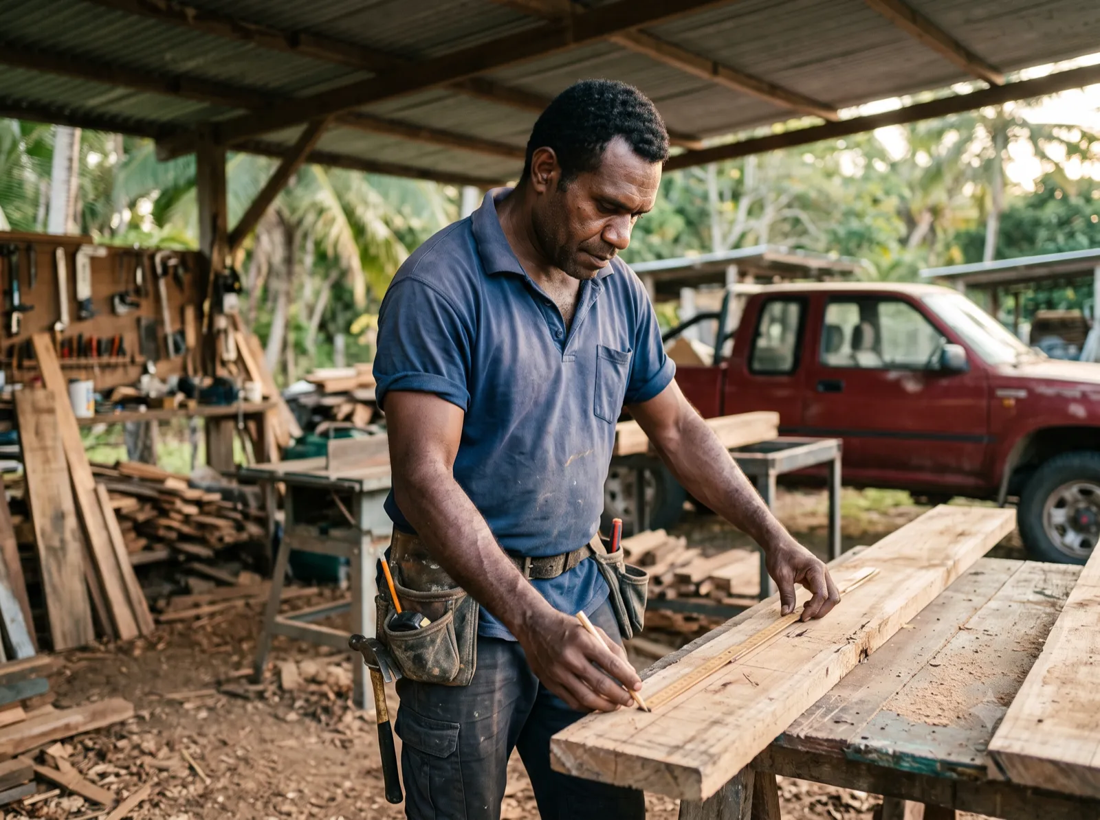 Charpentier calédonien mesurant une planche dans son atelier ouvert, un pick-up rouge garé derrière lui.